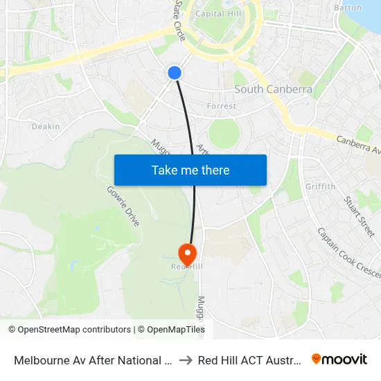 Melbourne Av After National Cct to Red Hill ACT Australia map