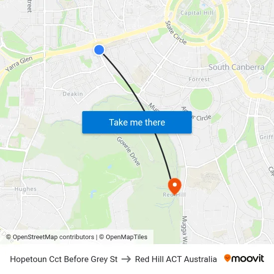Hopetoun Cct Before Grey St to Red Hill ACT Australia map