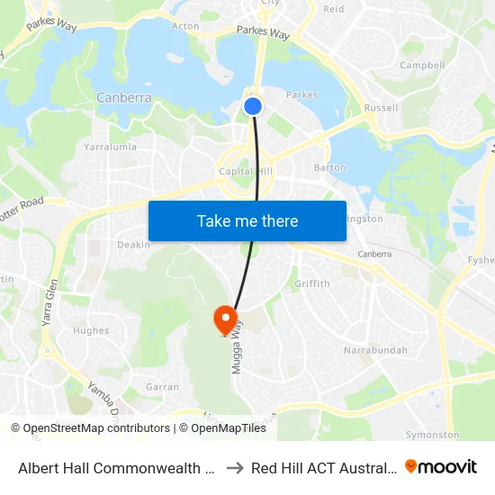 Albert Hall Commonwealth Av to Red Hill ACT Australia map