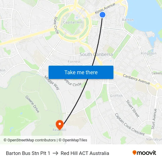 Barton Bus Stn Plt 1 to Red Hill ACT Australia map