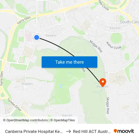 Canberra Private Hospital Kent St to Red Hill ACT Australia map