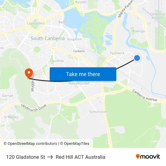 120 Gladstone St to Red Hill ACT Australia map