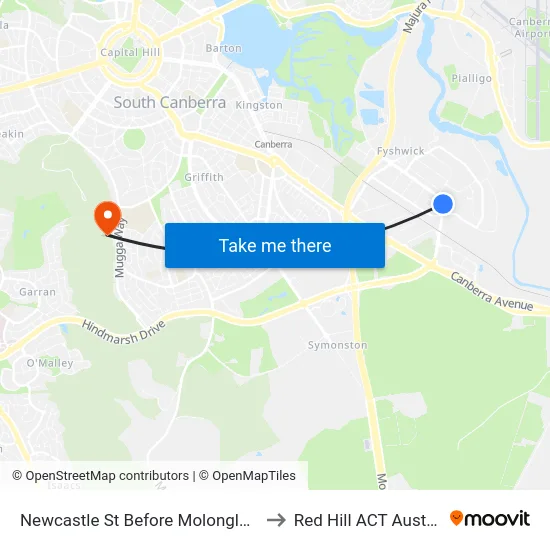 Newcastle St Before Molonglo Mall to Red Hill ACT Australia map