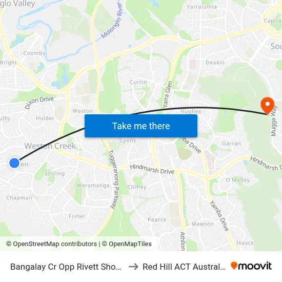 Bangalay Cr Opp Rivett Shops to Red Hill ACT Australia map