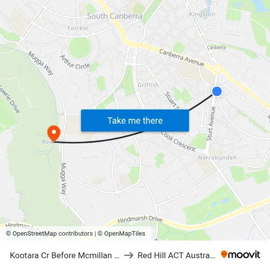 Kootara Cr Before Mcmillan Cr to Red Hill ACT Australia map