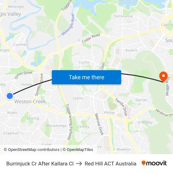 Burrinjuck Cr After Kallara Cl to Red Hill ACT Australia map