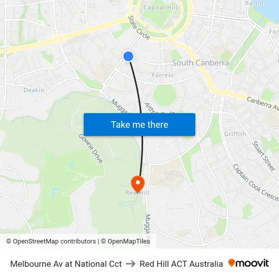 Melbourne Av at National Cct to Red Hill ACT Australia map