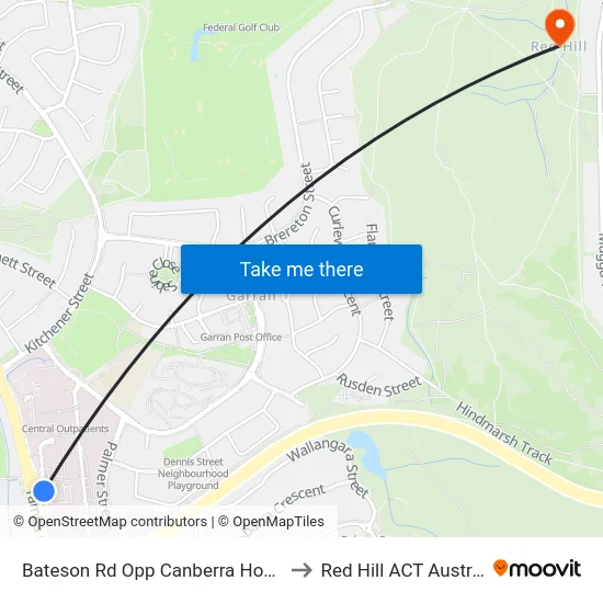 Bateson Rd Opp Canberra Hospital to Red Hill ACT Australia map