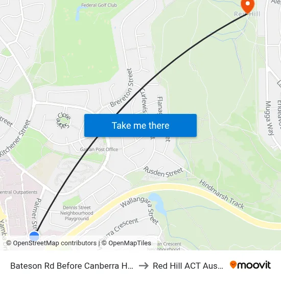 Bateson Rd Before Canberra Hospital to Red Hill ACT Australia map