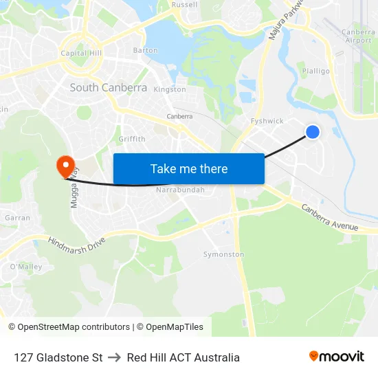 127 Gladstone St to Red Hill ACT Australia map