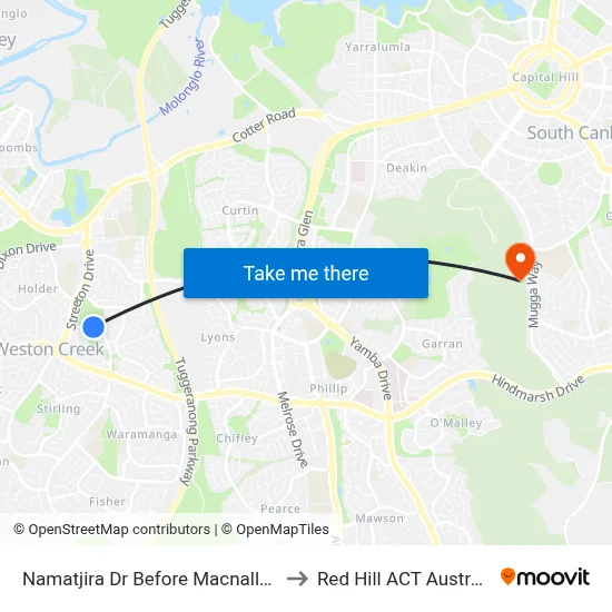 Namatjira Dr Before Macnally St to Red Hill ACT Australia map