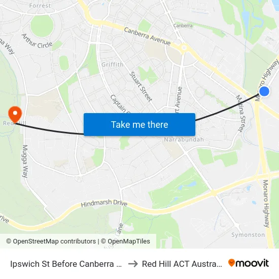Ipswich St Before Canberra Av to Red Hill ACT Australia map