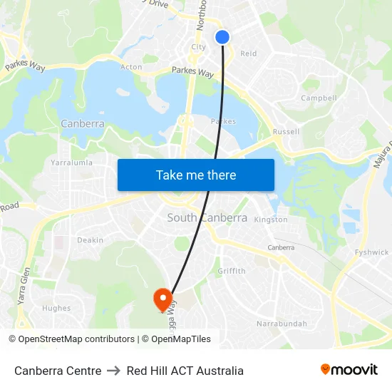 Canberra Centre to Red Hill ACT Australia map