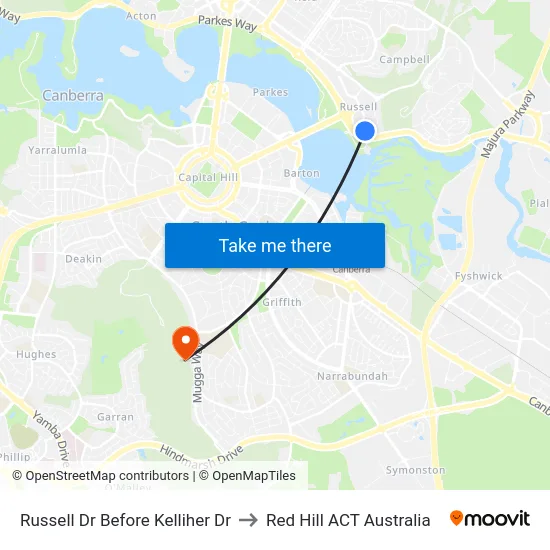 Russell Dr Before Kelliher Dr to Red Hill ACT Australia map