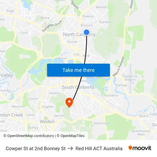Cowper St at 2nd Bonney St to Red Hill ACT Australia map