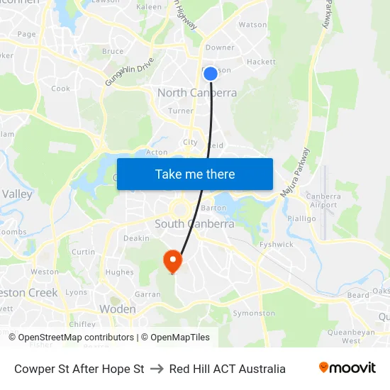 Cowper St After Hope St to Red Hill ACT Australia map