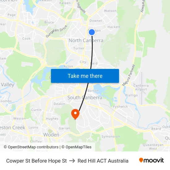 Cowper St Before Hope St to Red Hill ACT Australia map