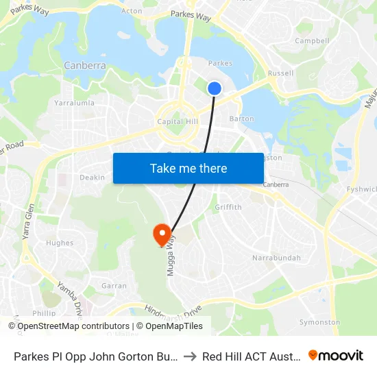 Parkes Pl Opp John Gorton Building to Red Hill ACT Australia map