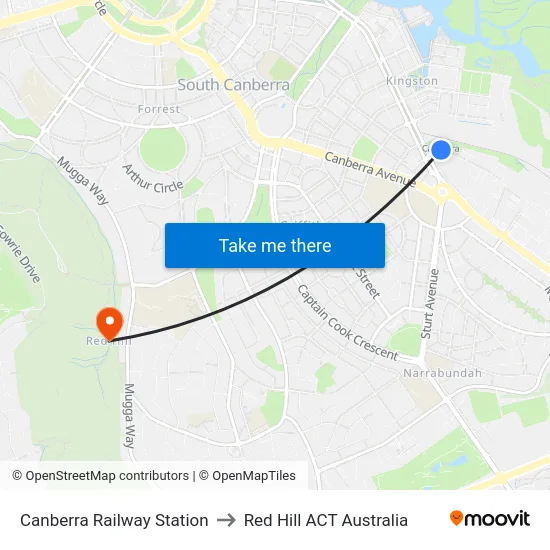 Canberra Railway Station to Red Hill ACT Australia map