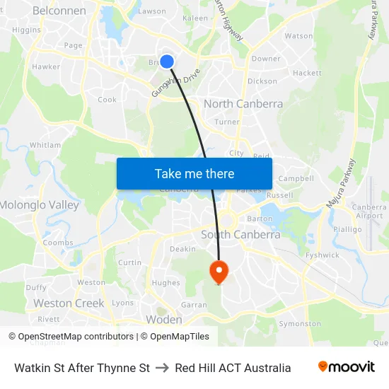 Watkin St After Thynne St to Red Hill ACT Australia map
