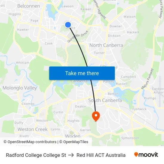 Radford College College St to Red Hill ACT Australia map