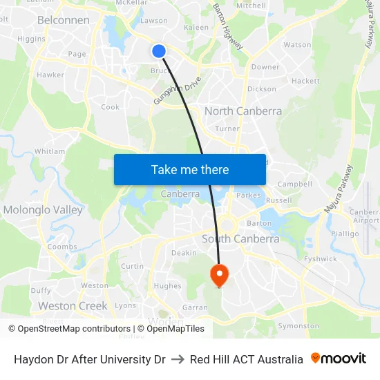 Haydon Dr After University Dr to Red Hill ACT Australia map