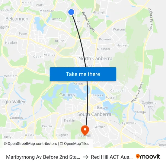 Maribyrnong Av Before 2nd Staaten Cr to Red Hill ACT Australia map