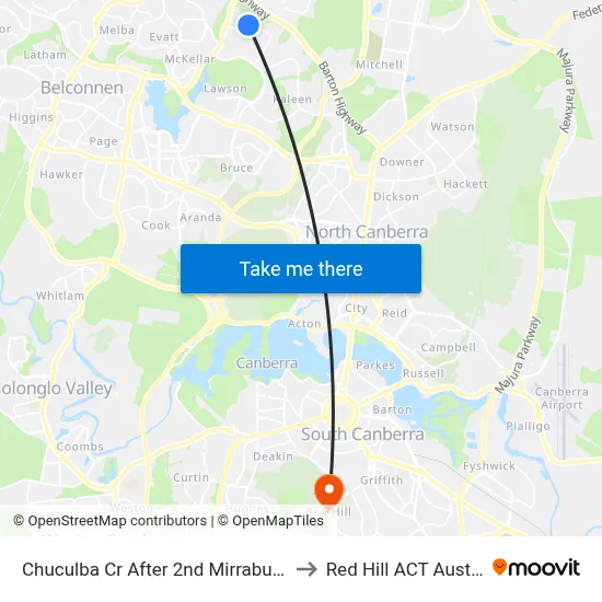 Chuculba Cr After 2nd Mirrabucca Cr to Red Hill ACT Australia map