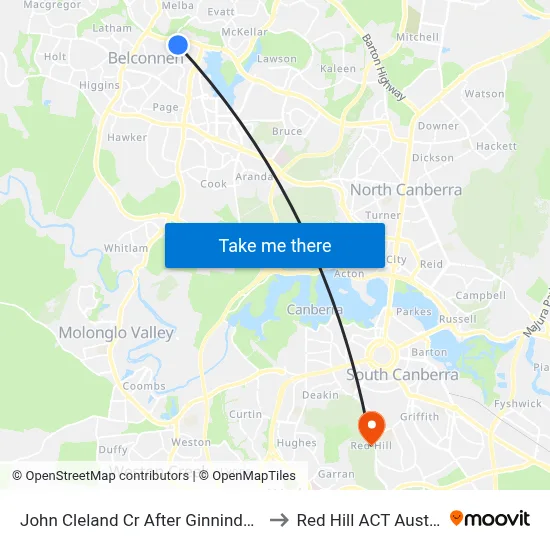 John Cleland Cr After Ginninderra Dr to Red Hill ACT Australia map