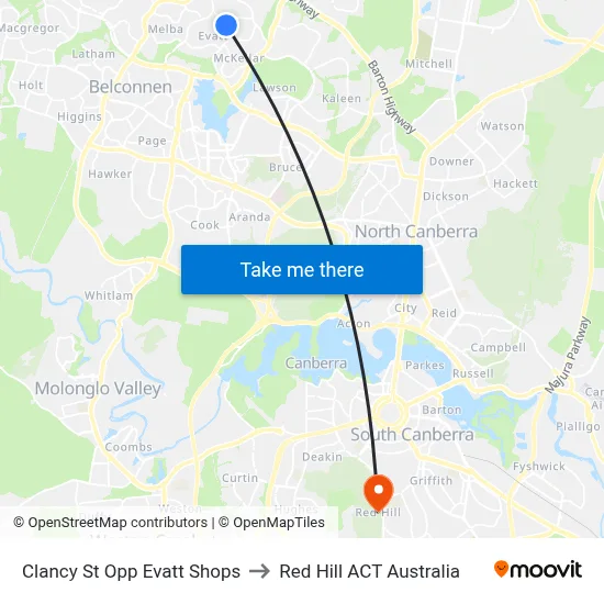 Clancy St Opp Evatt Shops to Red Hill ACT Australia map