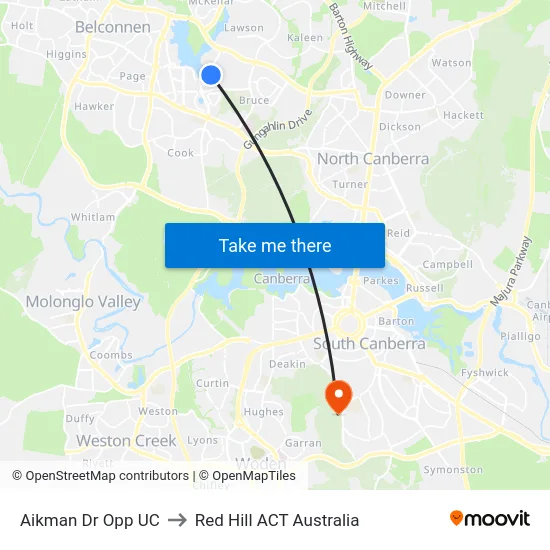 Aikman Dr Opp UC to Red Hill ACT Australia map