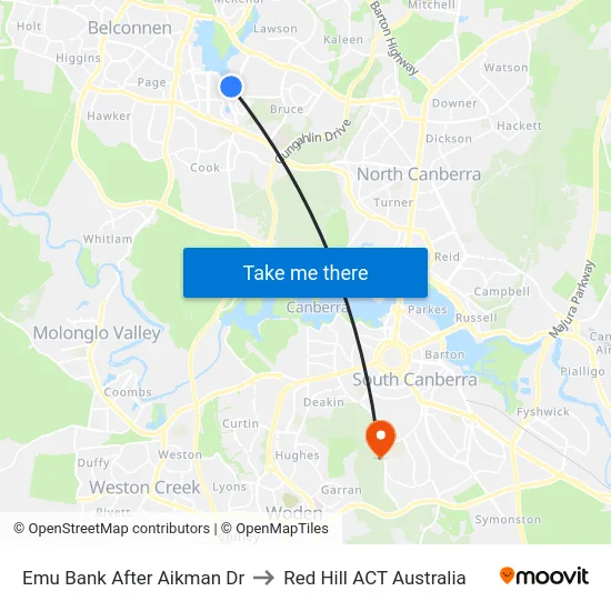 Emu Bank After Aikman Dr to Red Hill ACT Australia map