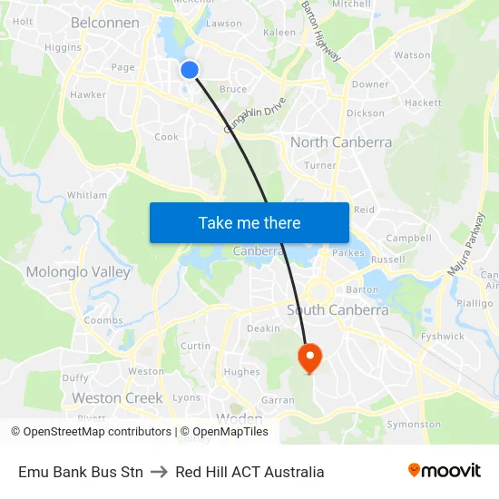 Emu Bank Bus Stn to Red Hill ACT Australia map