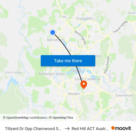 Tillyard Dr Opp Charnwood Shops to Red Hill ACT Australia map