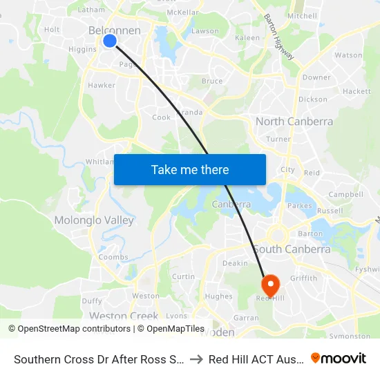 Southern Cross Dr After Ross Smith Cr to Red Hill ACT Australia map