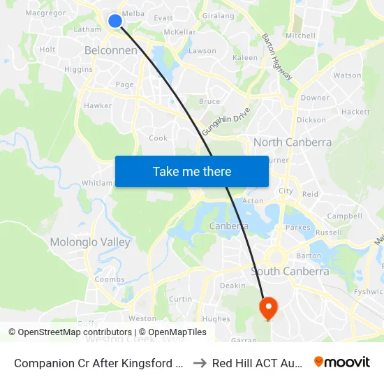 Companion Cr After Kingsford Smith Dr to Red Hill ACT Australia map