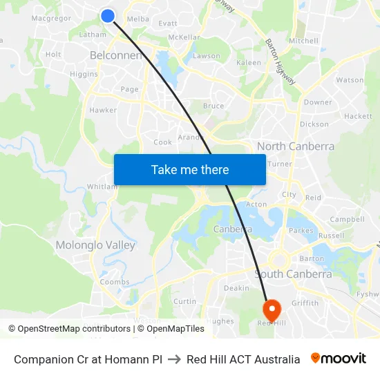 Companion Cr at Homann Pl to Red Hill ACT Australia map