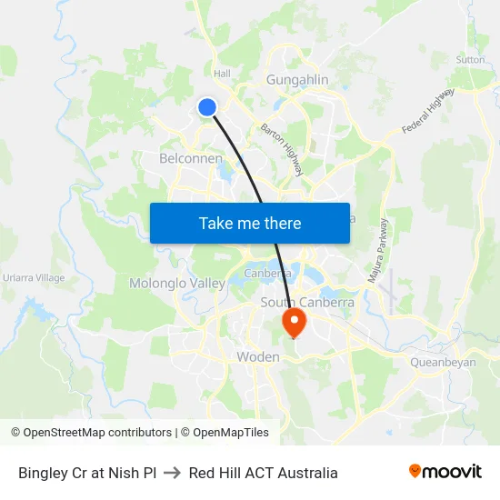 Bingley Cr at Nish Pl to Red Hill ACT Australia map