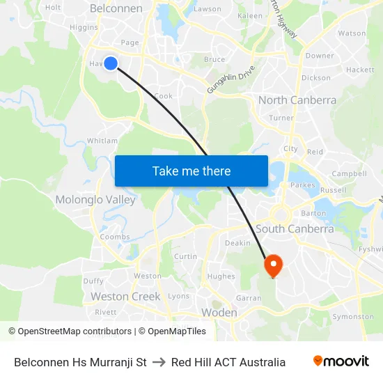 Belconnen Hs Murranji St to Red Hill ACT Australia map