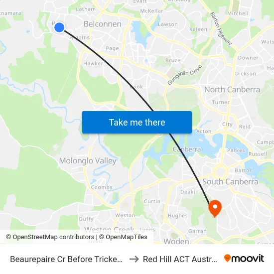 Beaurepaire Cr Before Trickett St to Red Hill ACT Australia map
