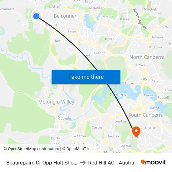 Beaurepaire Cr Opp Holt Shops to Red Hill ACT Australia map