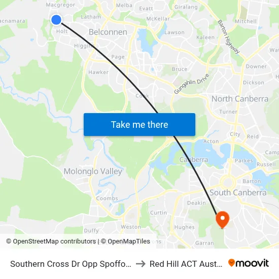 Southern Cross Dr Opp Spofforth St to Red Hill ACT Australia map