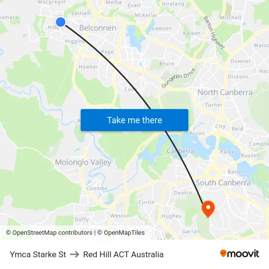 Ymca Starke St to Red Hill ACT Australia map