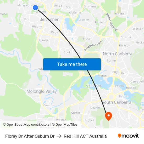 Florey Dr After Osburn Dr to Red Hill ACT Australia map