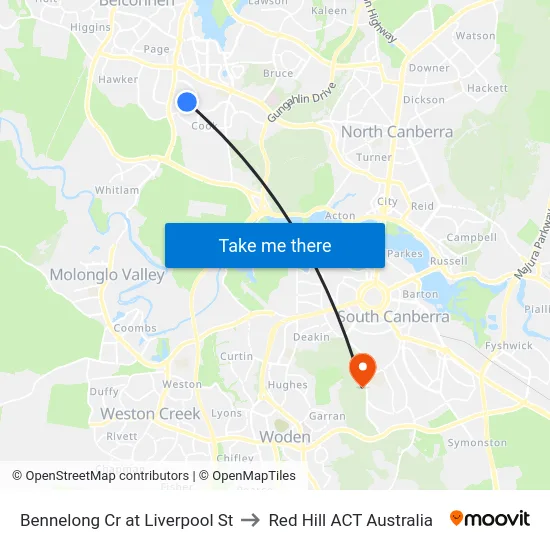 Bennelong Cr at Liverpool St to Red Hill ACT Australia map