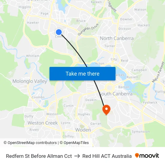 Redfern St Before Allman Cct to Red Hill ACT Australia map