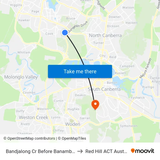 Bandjalong Cr Before Banambila St to Red Hill ACT Australia map