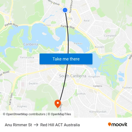 Anu Rimmer St to Red Hill ACT Australia map