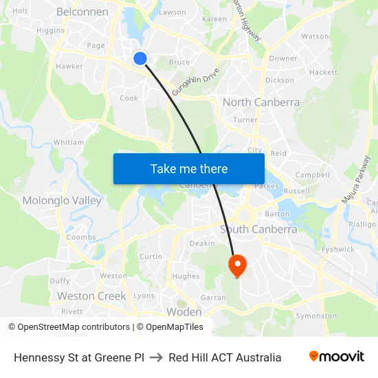 Hennessy St at Greene Pl to Red Hill ACT Australia map
