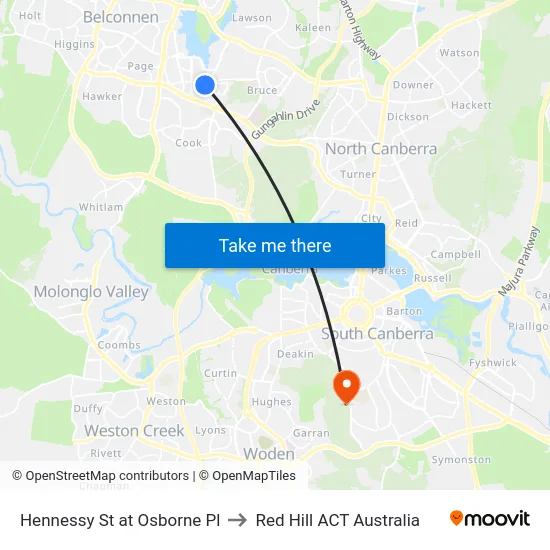 Hennessy St at Osborne Pl to Red Hill ACT Australia map